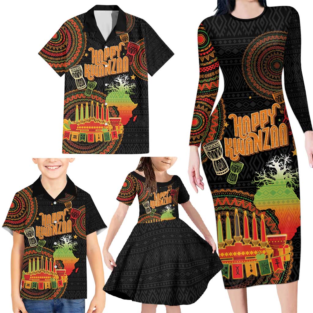 Kwanzaa Kinara Candles Family Matching Long Sleeve Bodycon Dress and Hawaiian Shirt African Tribal Pattern LT05 - Wonder Print Shop