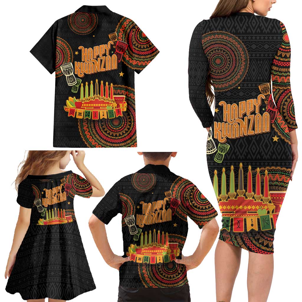 Kwanzaa Kinara Candles Family Matching Long Sleeve Bodycon Dress and Hawaiian Shirt African Tribal Pattern LT05 - Wonder Print Shop
