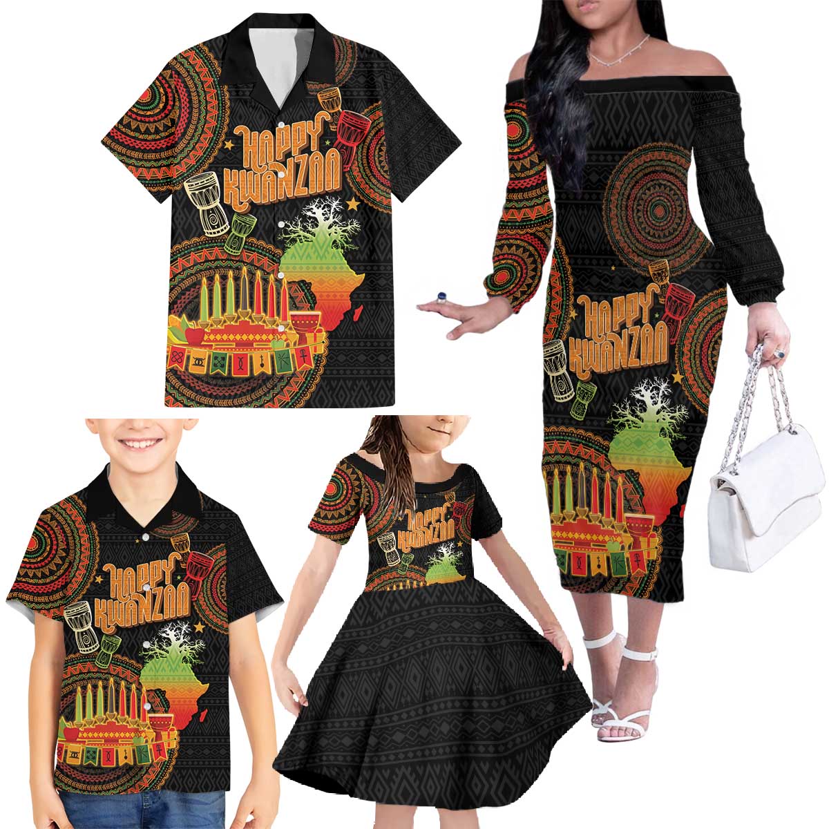Kwanzaa Kinara Candles Family Matching Off The Shoulder Long Sleeve Dress and Hawaiian Shirt African Tribal Pattern LT05 - Wonder Print Shop