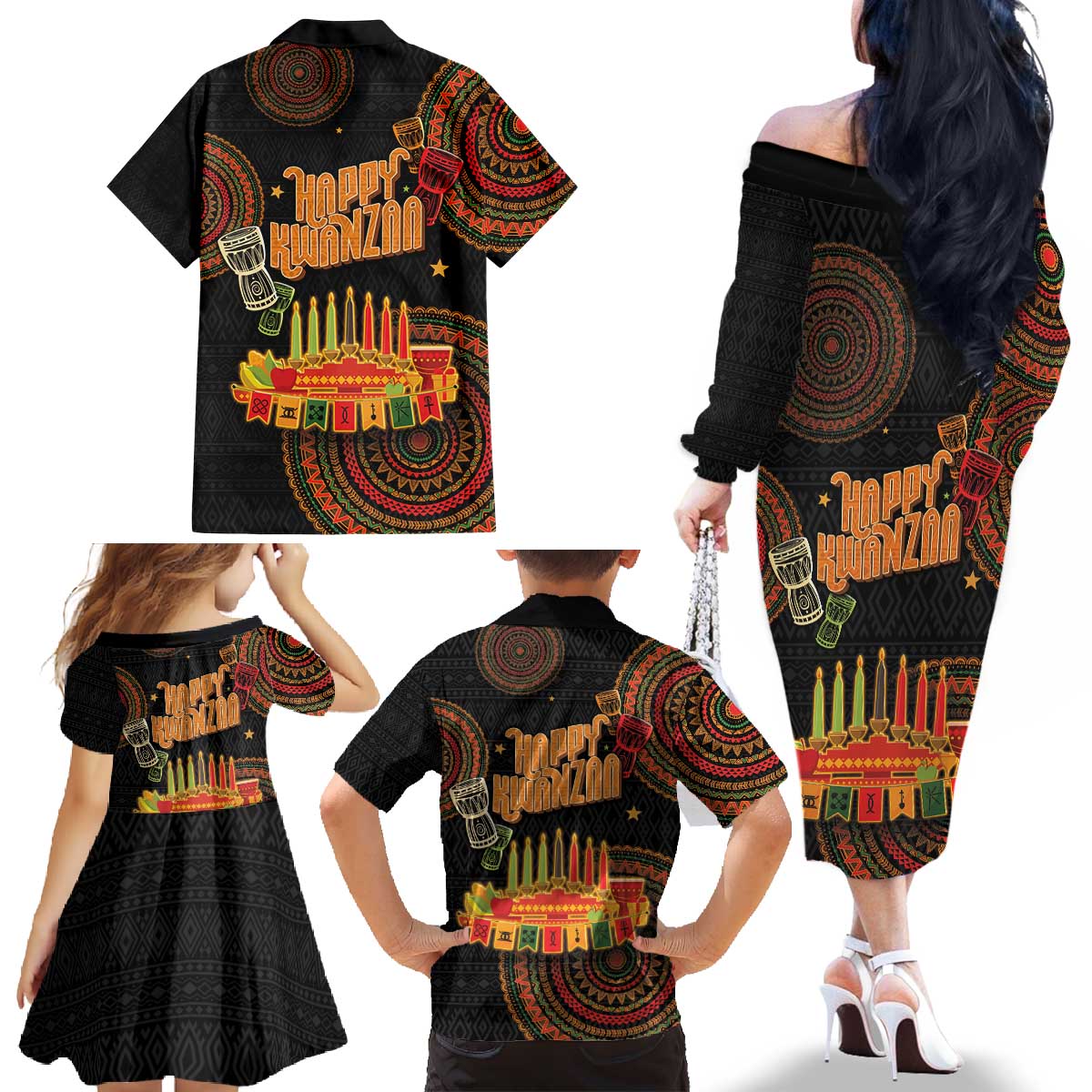 Kwanzaa Kinara Candles Family Matching Off The Shoulder Long Sleeve Dress and Hawaiian Shirt African Tribal Pattern LT05 - Wonder Print Shop