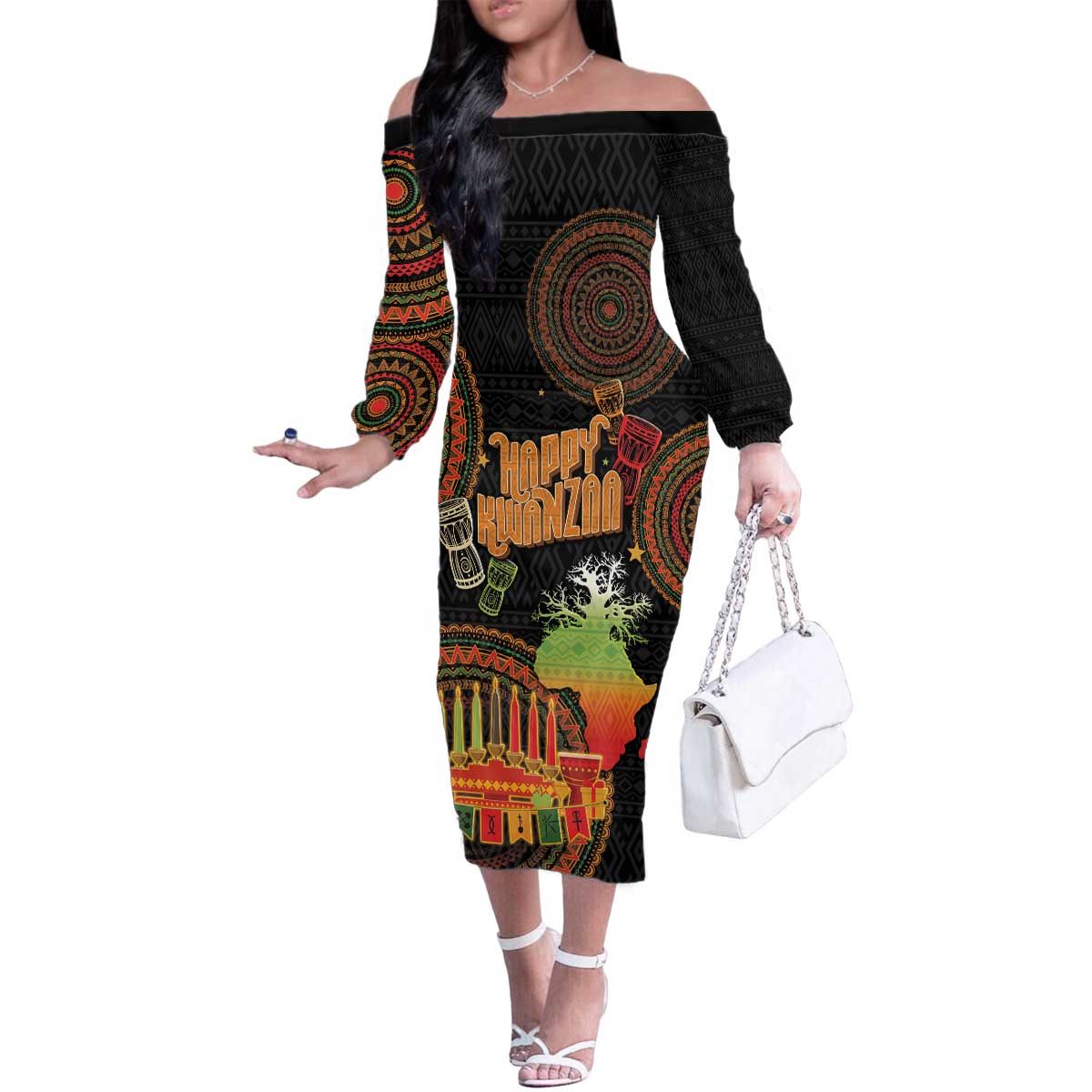 Kwanzaa Kinara Candles Family Matching Off The Shoulder Long Sleeve Dress and Hawaiian Shirt African Tribal Pattern LT05 - Wonder Print Shop