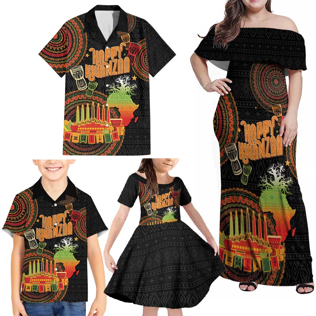 Kwanzaa Kinara Candles Family Matching Off Shoulder Maxi Dress and Hawaiian Shirt African Tribal Pattern LT05 - Wonder Print Shop