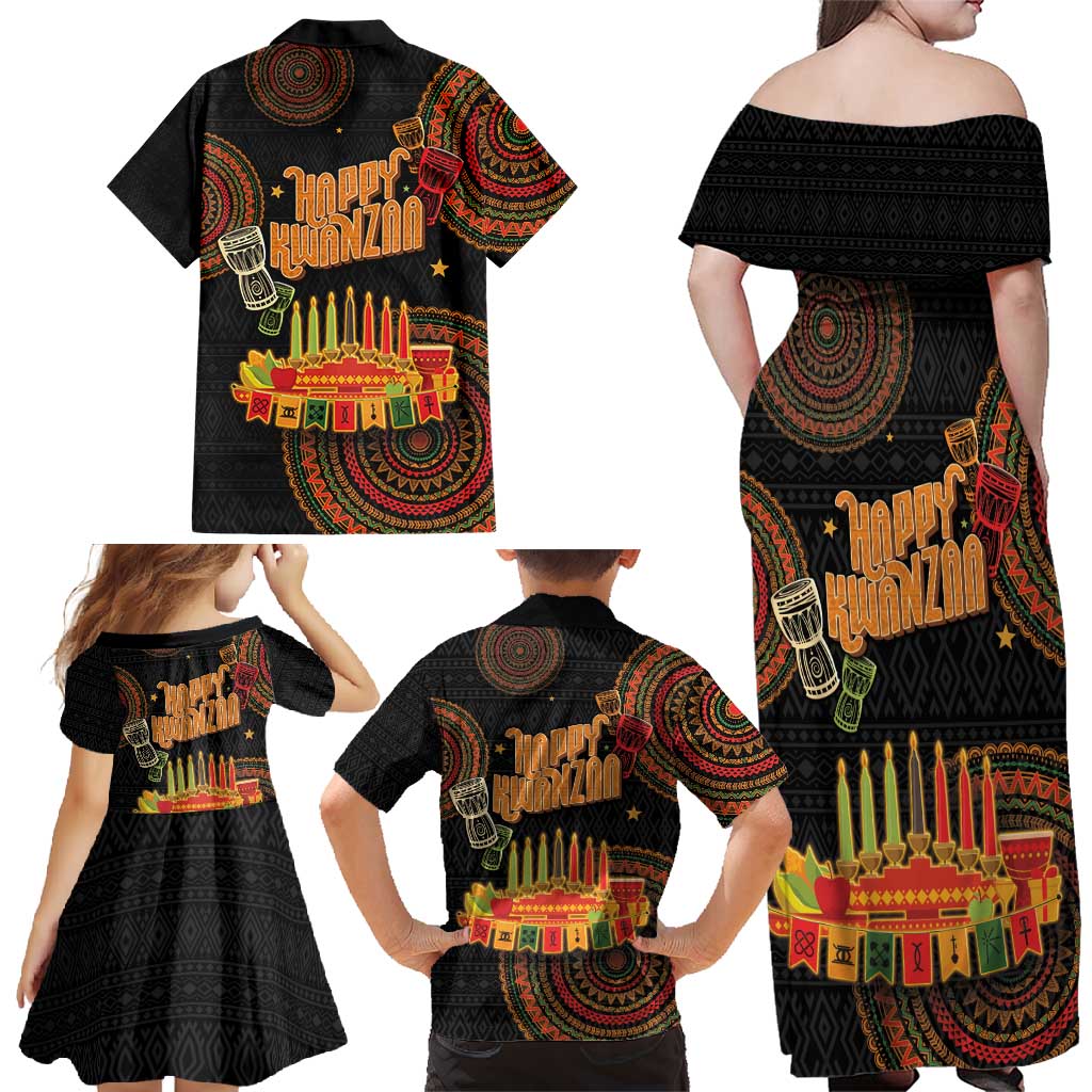 Kwanzaa Kinara Candles Family Matching Off Shoulder Maxi Dress and Hawaiian Shirt African Tribal Pattern LT05 - Wonder Print Shop