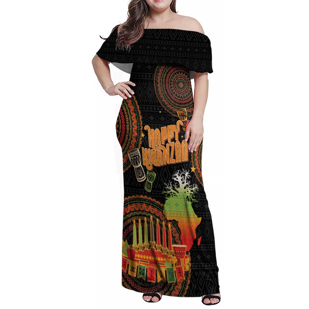 Kwanzaa Kinara Candles Family Matching Off Shoulder Maxi Dress and Hawaiian Shirt African Tribal Pattern LT05 - Wonder Print Shop
