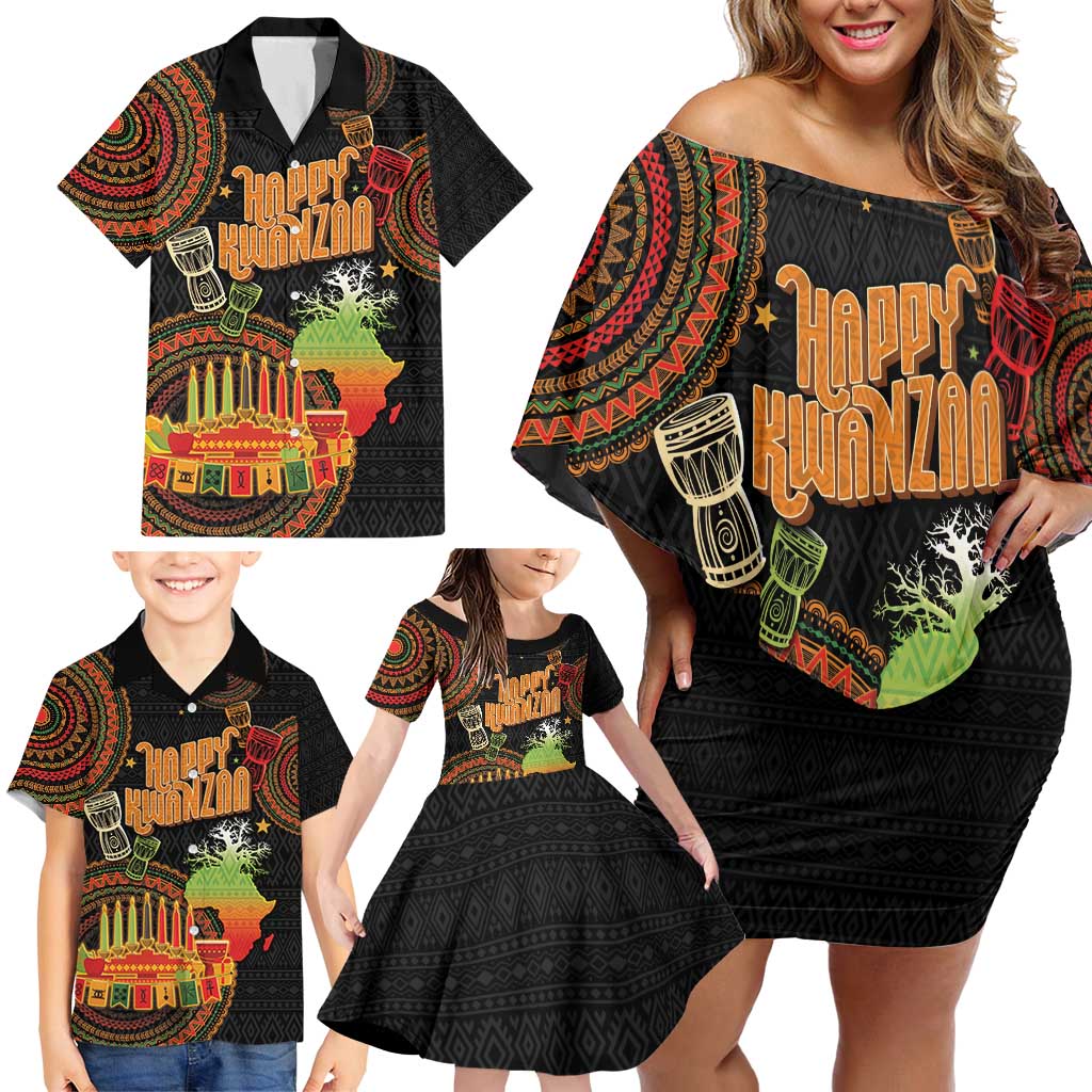 Kwanzaa Kinara Candles Family Matching Off Shoulder Short Dress and Hawaiian Shirt African Tribal Pattern LT05 - Wonder Print Shop