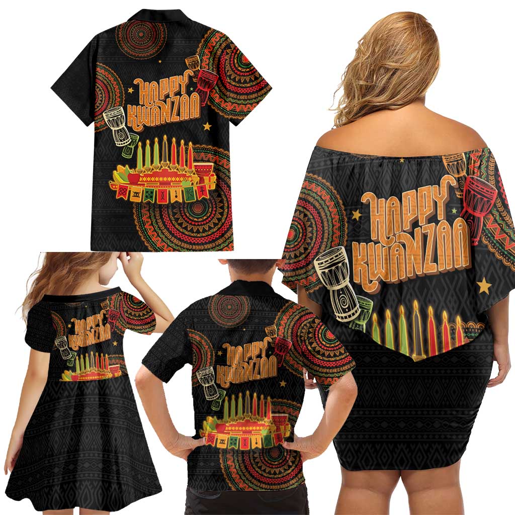 Kwanzaa Kinara Candles Family Matching Off Shoulder Short Dress and Hawaiian Shirt African Tribal Pattern LT05 - Wonder Print Shop