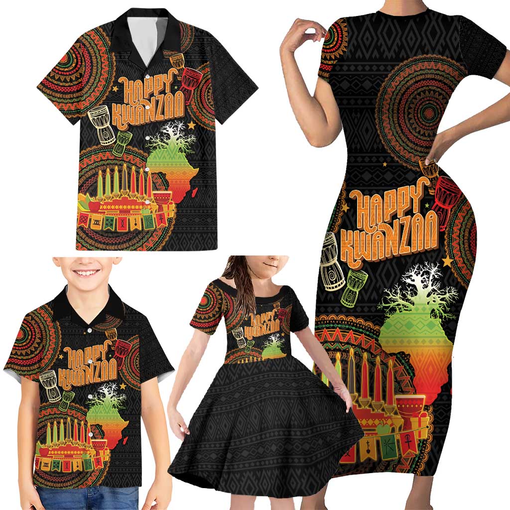 Kwanzaa Kinara Candles Family Matching Short Sleeve Bodycon Dress and Hawaiian Shirt African Tribal Pattern LT05 - Wonder Print Shop
