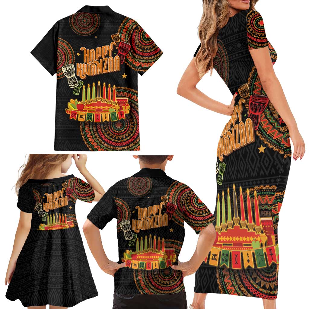 Kwanzaa Kinara Candles Family Matching Short Sleeve Bodycon Dress and Hawaiian Shirt African Tribal Pattern LT05 - Wonder Print Shop