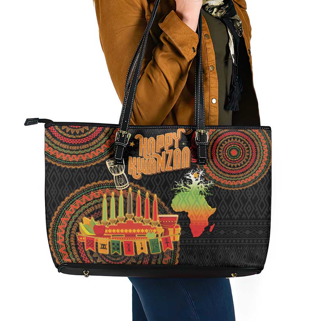 Kwanzaa Kinara Candles Leather Tote Bag African Tribal Pattern LT05 - Wonder Print Shop