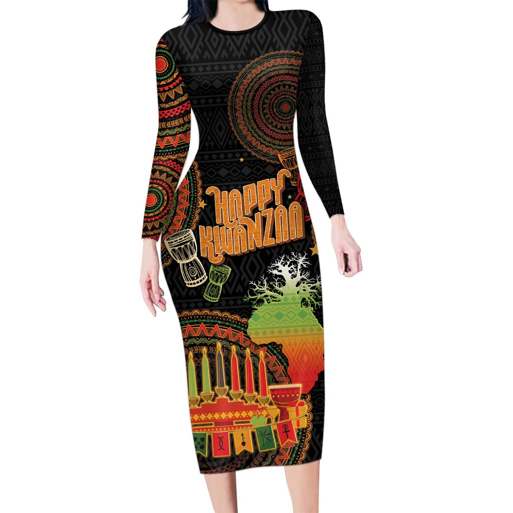 Kwanzaa Kinara Candles Long Sleeve Bodycon Dress African Tribal Pattern LT05 - Wonder Print Shop