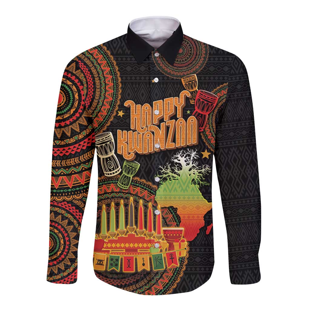Kwanzaa Kinara Candles Long Sleeve Button Shirt African Tribal Pattern LT05 - Wonder Print Shop