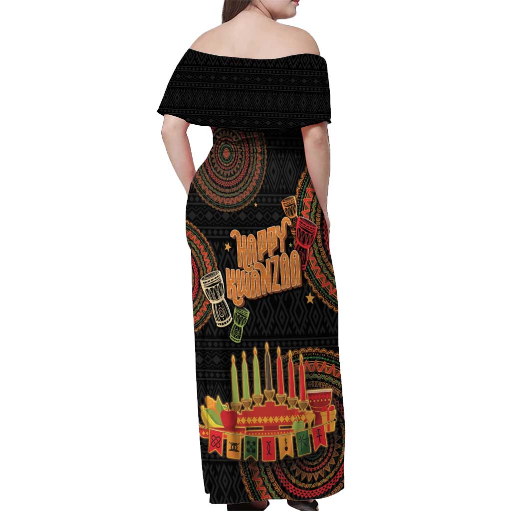 Kwanzaa Kinara Candles Off Shoulder Maxi Dress African Tribal Pattern LT05 - Wonder Print Shop