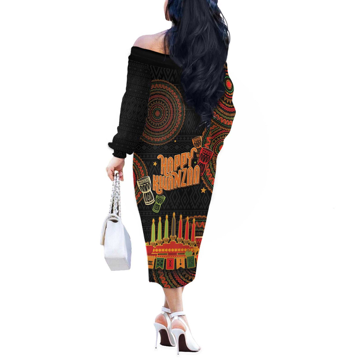 Kwanzaa Kinara Candles Off The Shoulder Long Sleeve Dress African Tribal Pattern LT05 - Wonder Print Shop