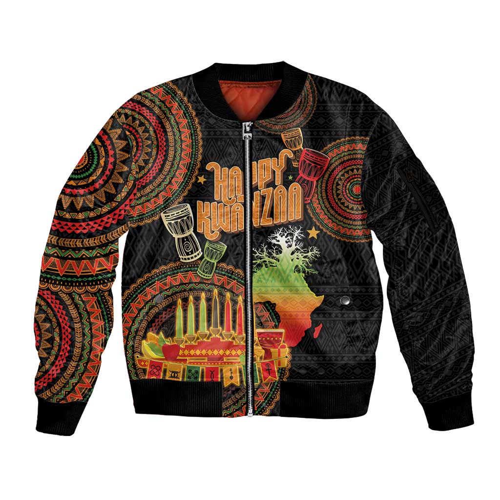 Kwanzaa Kinara Candles Sleeve Zip Bomber Jacket African Tribal Pattern LT05 - Wonder Print Shop