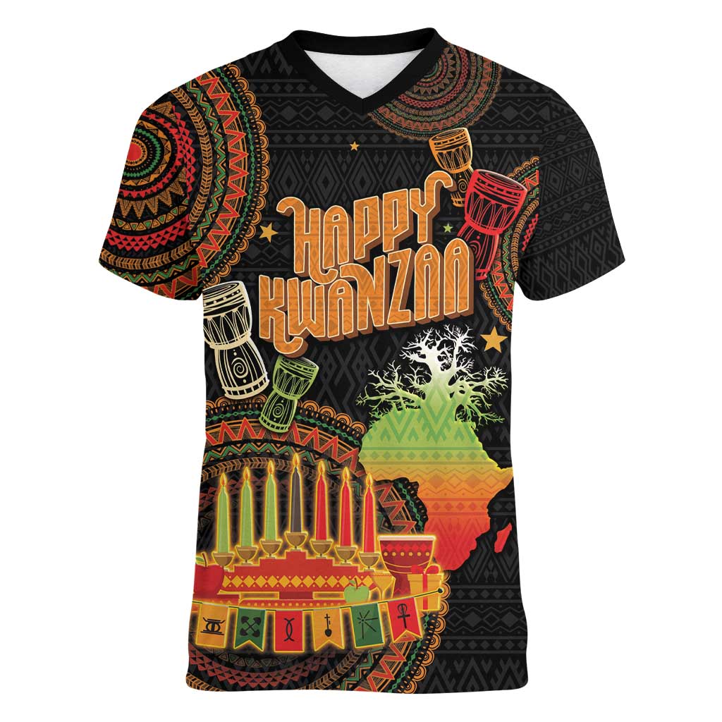 Kwanzaa Kinara Candles Women V-Neck T-Shirt African Tribal Pattern LT05 - Wonder Print Shop