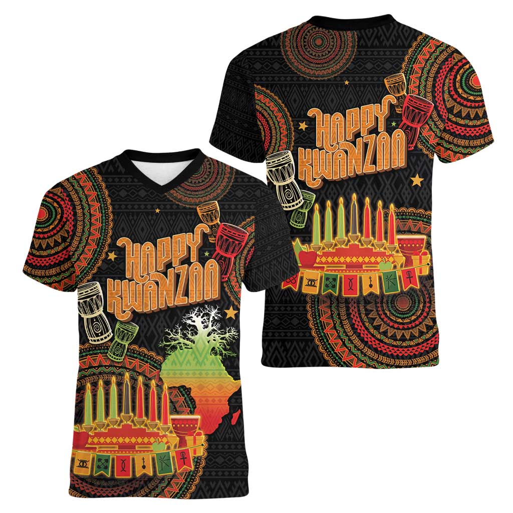 Kwanzaa Kinara Candles Women V-Neck T-Shirt African Tribal Pattern LT05 - Wonder Print Shop