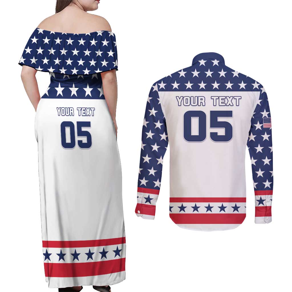 Custom United States Hockey Couples Matching Off Shoulder Maxi Dress and Long Sleeve Button Shirt Go Champions USA