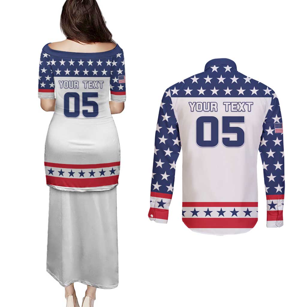 Custom United States Hockey Couples Matching Puletasi and Long Sleeve Button Shirt Go Champions USA