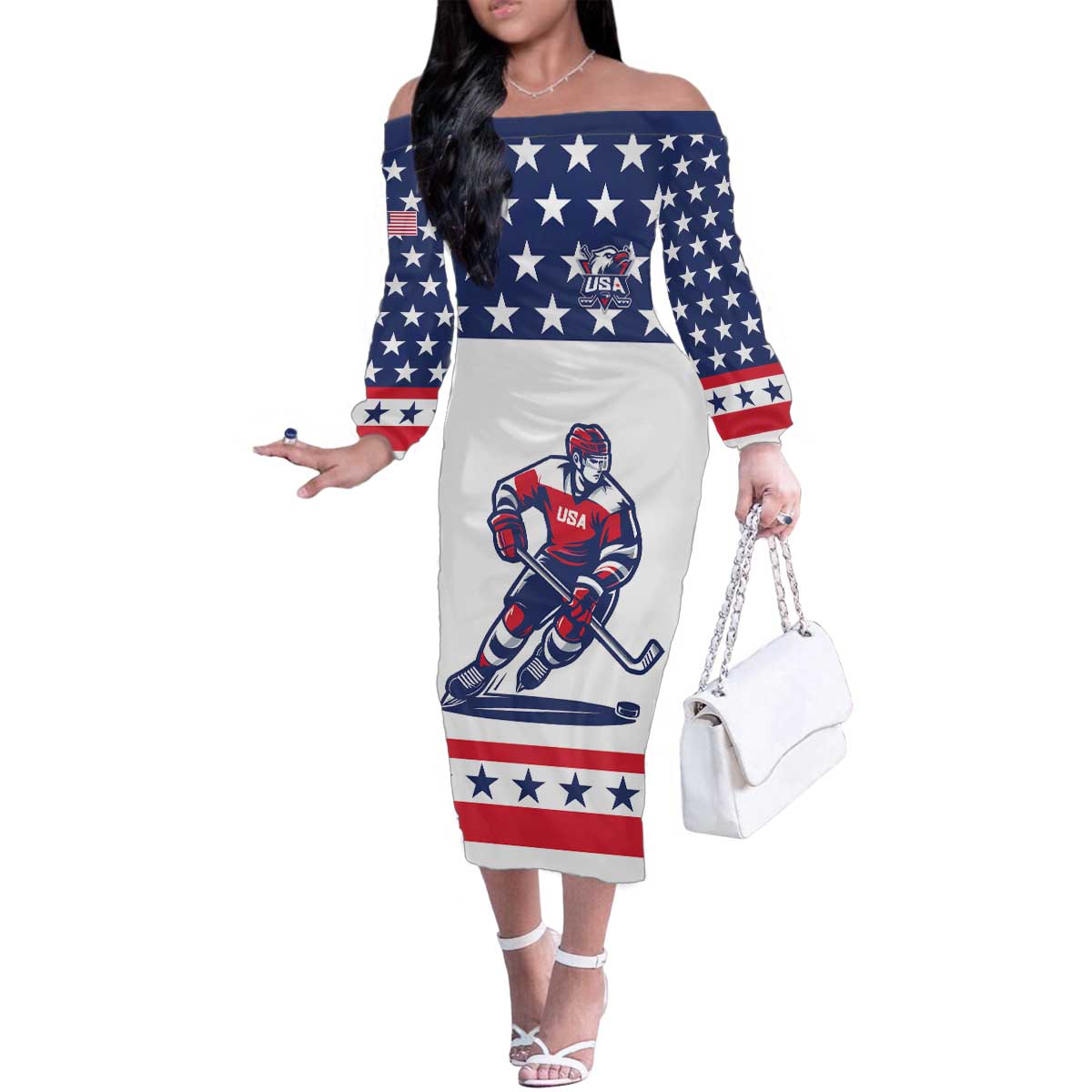 Custom United States Hockey Family Matching Off The Shoulder Long Sleeve Dress and Hawaiian Shirt Go Champions USA
