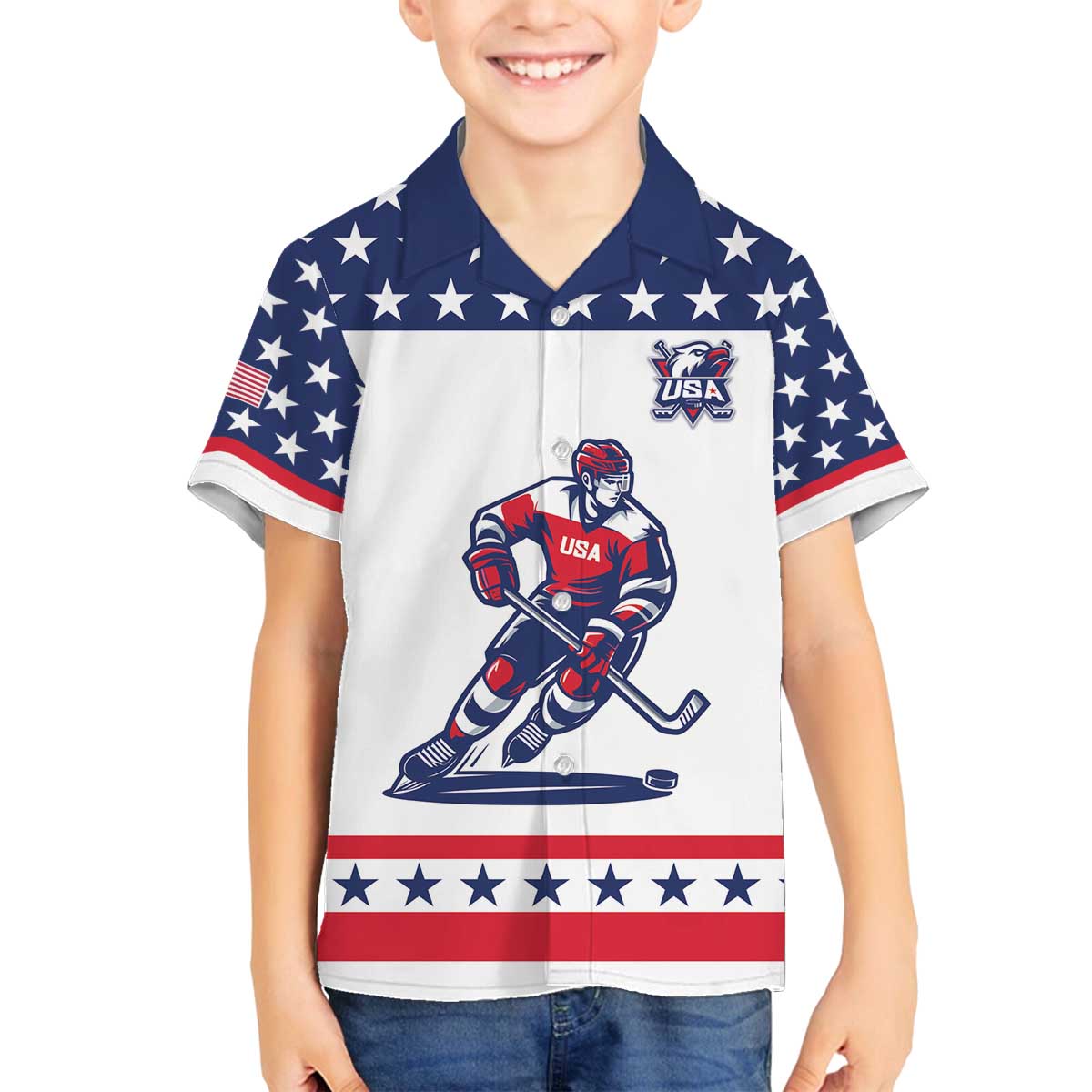 Custom United States Hockey Family Matching Off The Shoulder Long Sleeve Dress and Hawaiian Shirt Go Champions USA