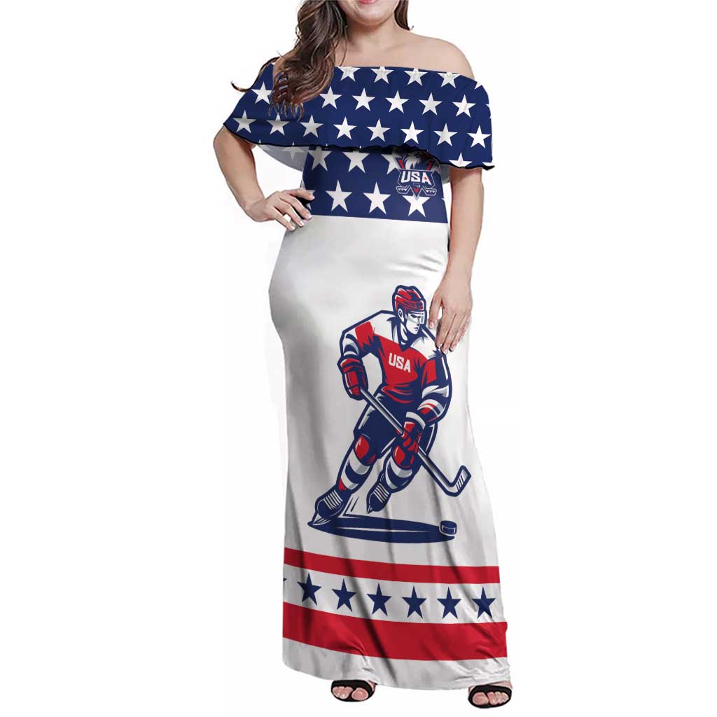 Custom United States Hockey Family Matching Off Shoulder Maxi Dress and Hawaiian Shirt Go Champions USA