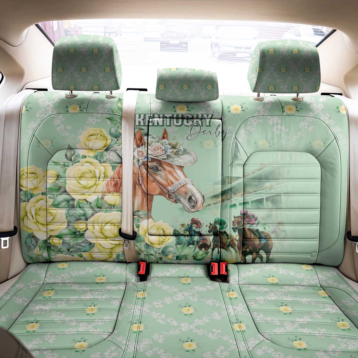 Kentucky Horse Racing Back Car Seat Cover Rose Diamond Pattern Mint