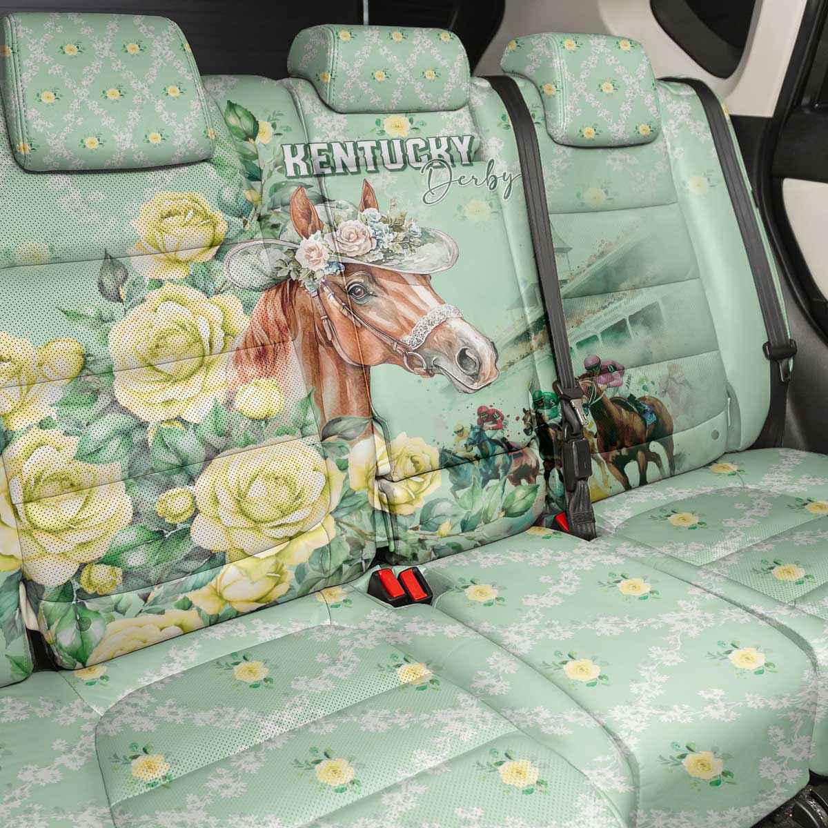 Kentucky Horse Racing Back Car Seat Cover Rose Diamond Pattern Mint
