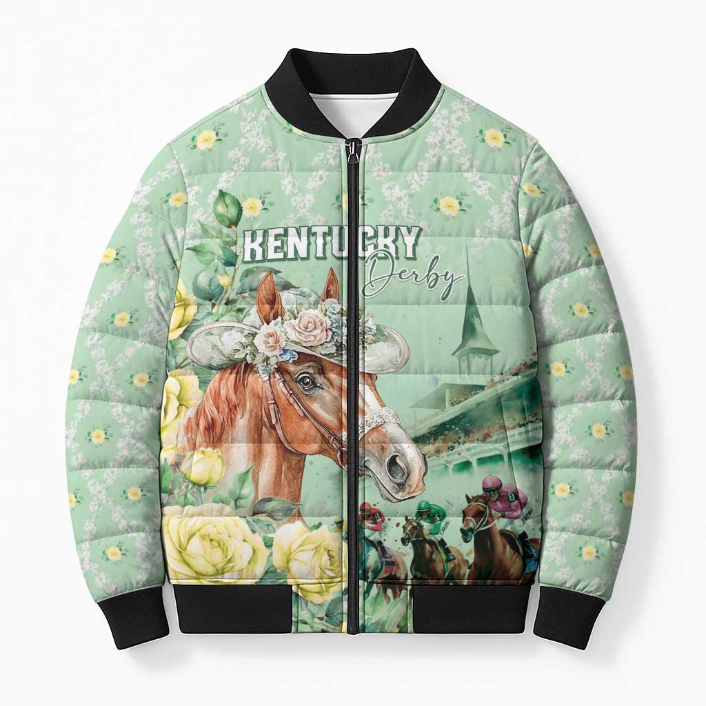Personalized Kentucky Horse Racing Bomber Puffer Jacket Rose Diamond Pattern Mint