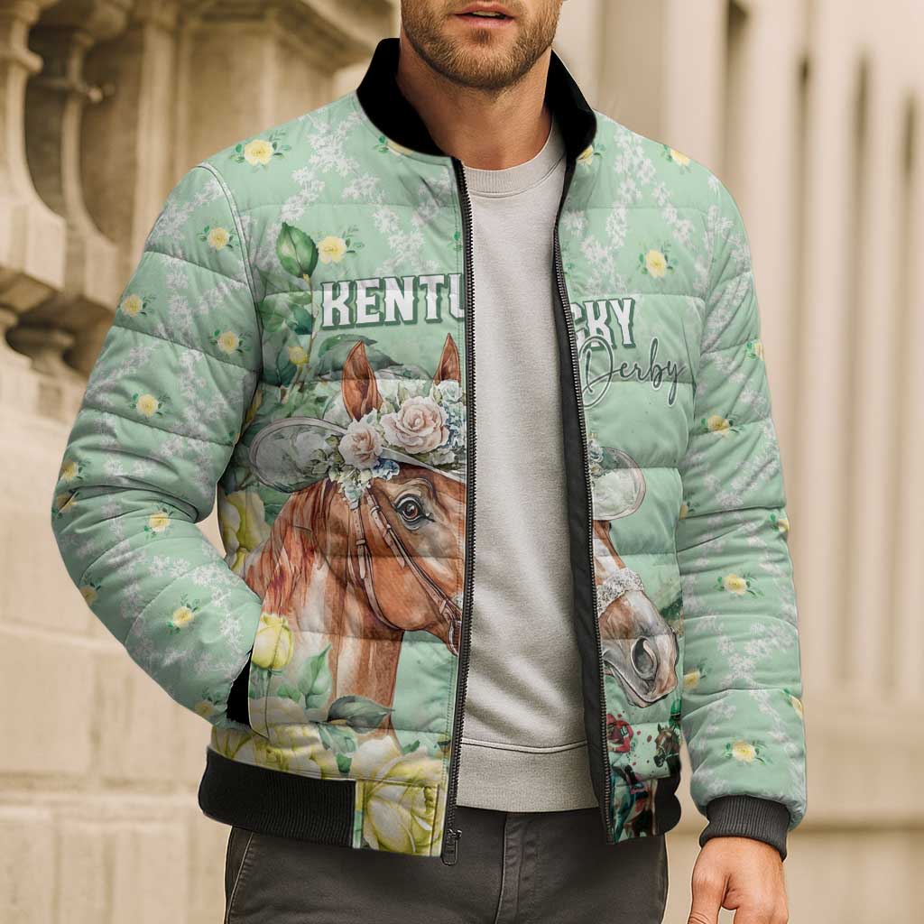 Personalized Kentucky Horse Racing Bomber Puffer Jacket Rose Diamond Pattern Mint
