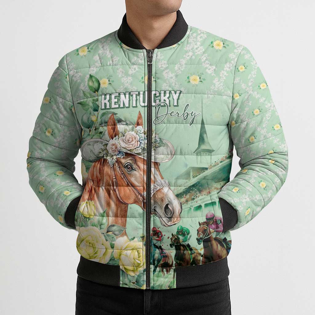 Personalized Kentucky Horse Racing Bomber Puffer Jacket Rose Diamond Pattern Mint