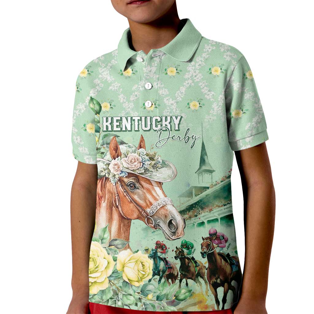 Personalized Kentucky Horse Racing Kid Polo Shirt Rose Diamond Pattern Mint