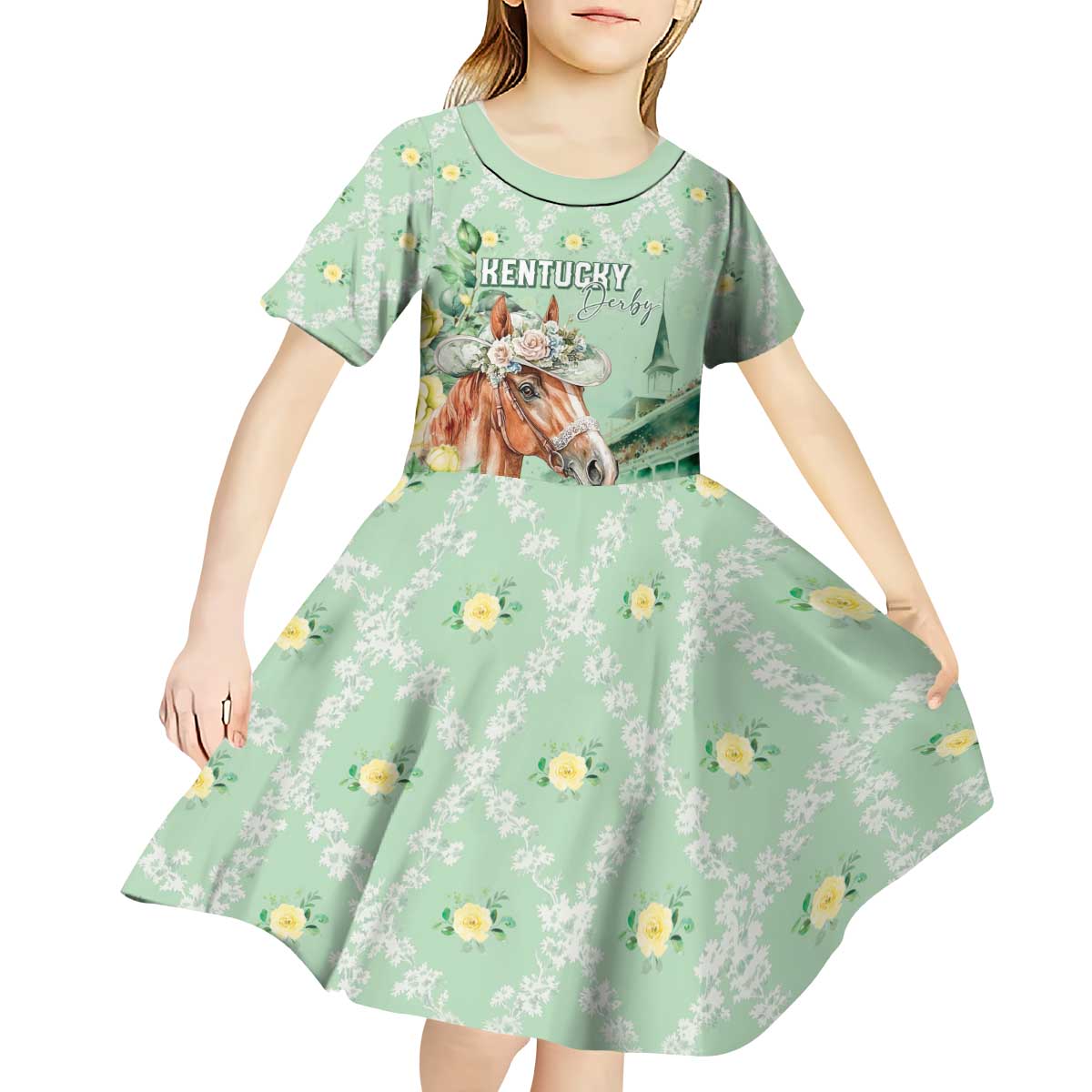 Personalized Kentucky Horse Racing Kid Short Sleeve Dress Rose Diamond Pattern Mint