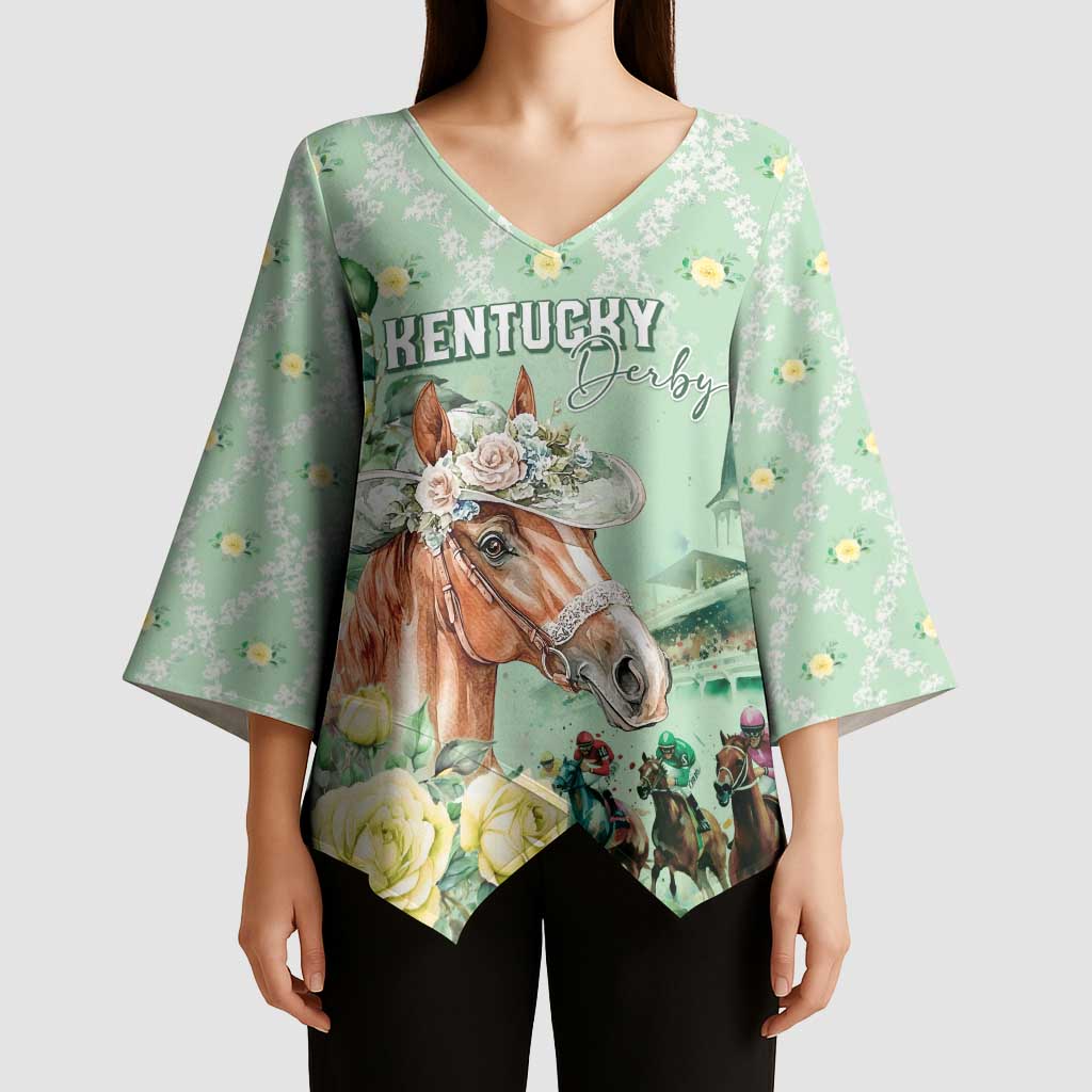 Personalized Kentucky Horse Racing Kimono Sleeve Blouse Rose Diamond Pattern Mint