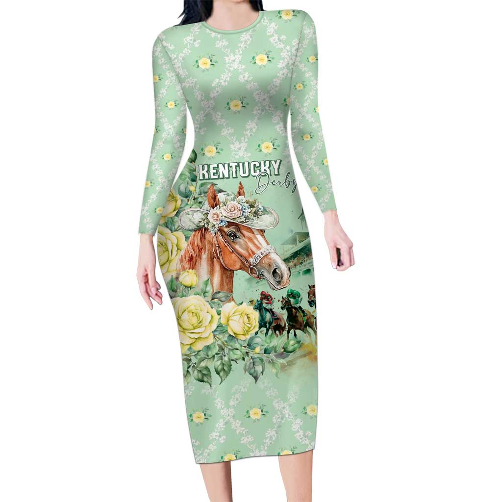 Personalized Kentucky Horse Racing Long Sleeve Bodycon Dress Rose Diamond Pattern Mint
