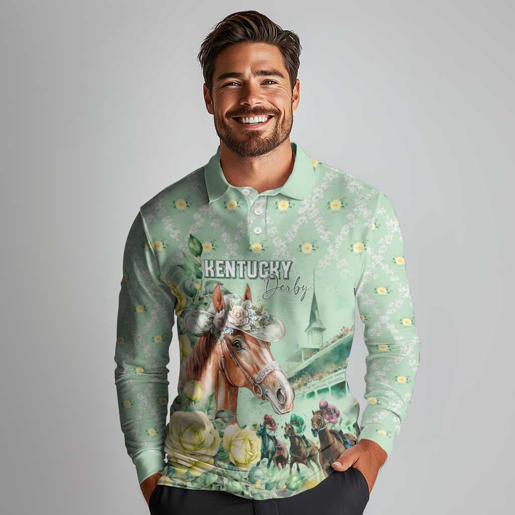 Personalized Kentucky Horse Racing Long Sleeve Polo Shirt Rose Diamond Pattern Mint