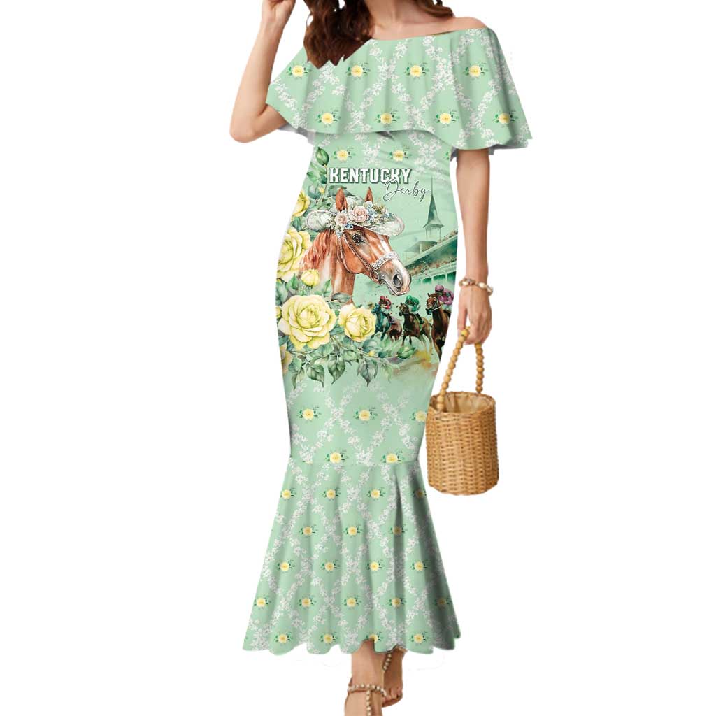 Personalized Kentucky Horse Racing Mermaid Dress Rose Diamond Pattern Mint