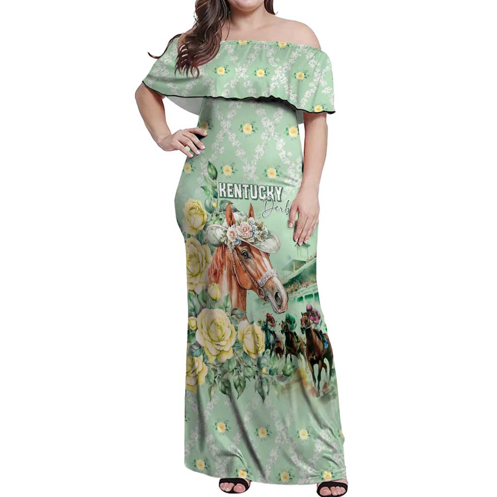 Personalized Kentucky Horse Racing Off Shoulder Maxi Dress Rose Diamond Pattern Mint