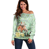 Personalized Kentucky Horse Racing Off Shoulder Sweater Rose Diamond Pattern Mint