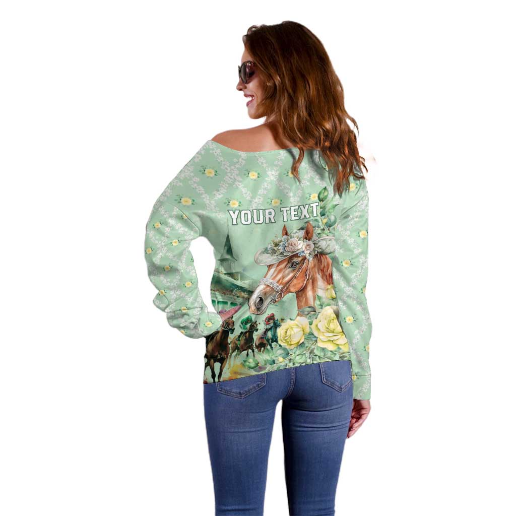 Personalized Kentucky Horse Racing Off Shoulder Sweater Rose Diamond Pattern Mint