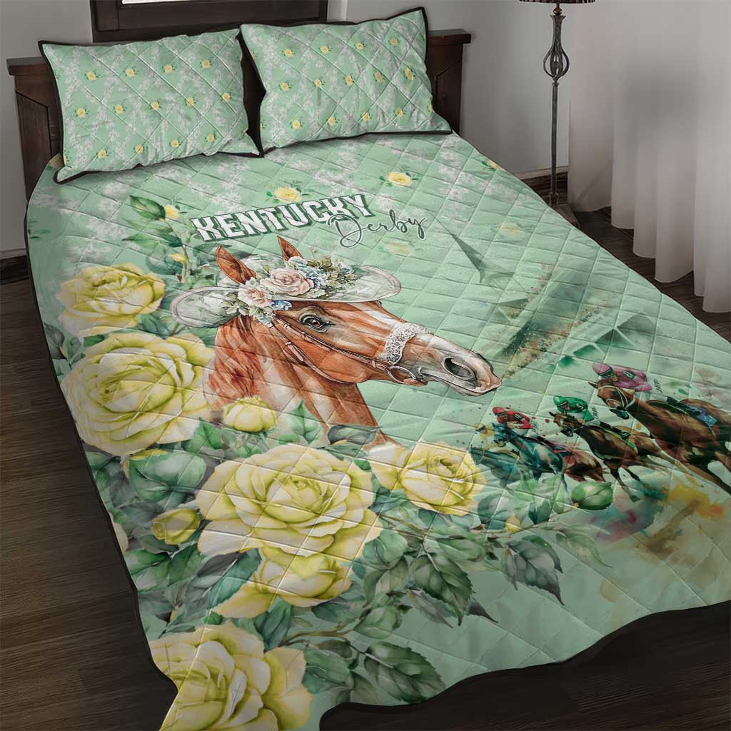 Kentucky Horse Racing Quilt Bed Set Rose Diamond Pattern Mint