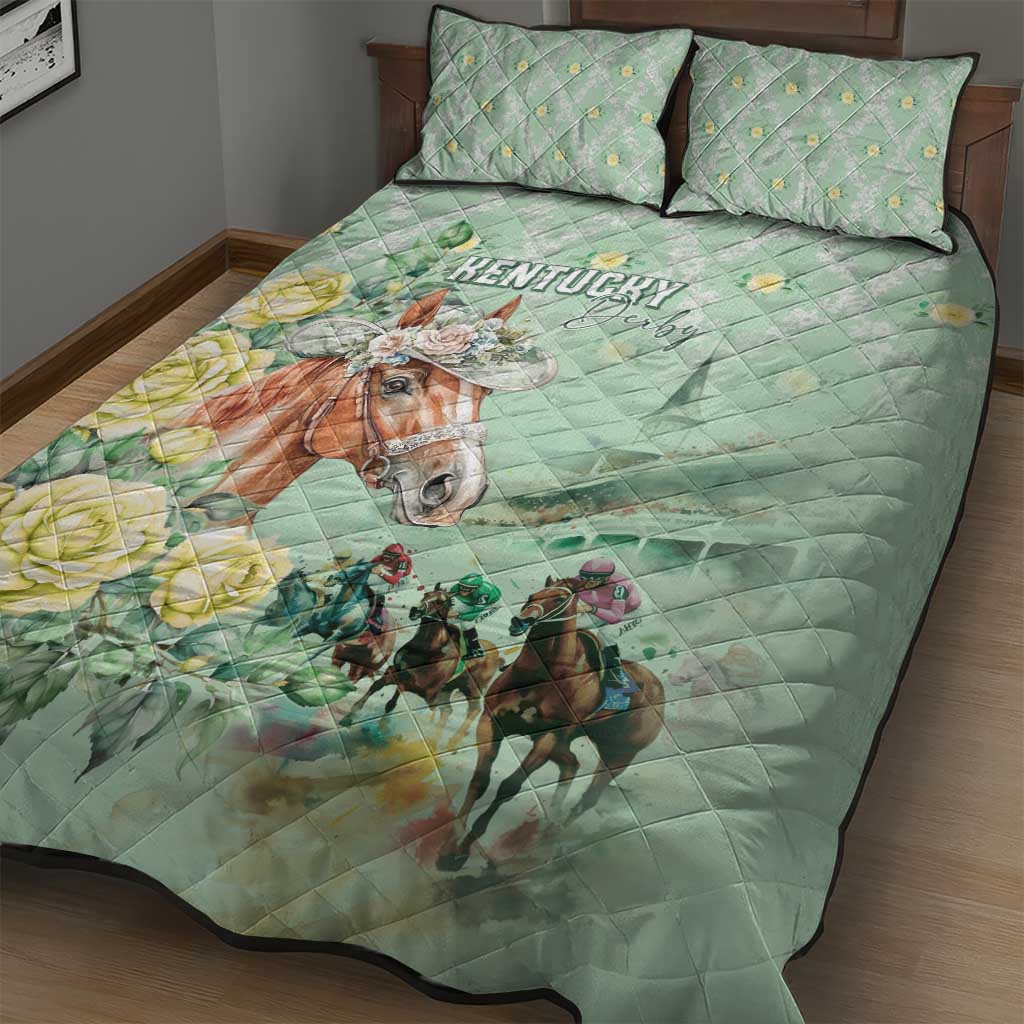 Kentucky Horse Racing Quilt Bed Set Rose Diamond Pattern Mint