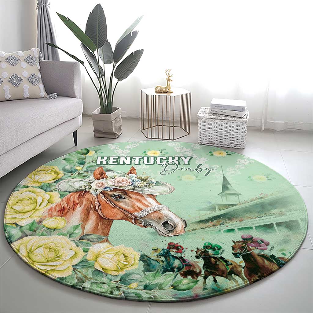 Kentucky Horse Racing Round Carpet Rose Diamond Pattern Mint
