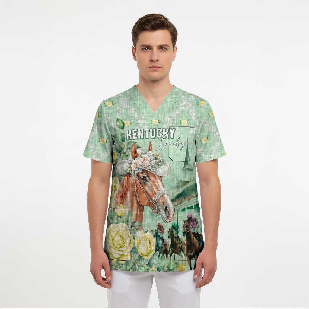 Personalized Kentucky Horse Racing Scrub Top Rose Diamond Pattern Mint
