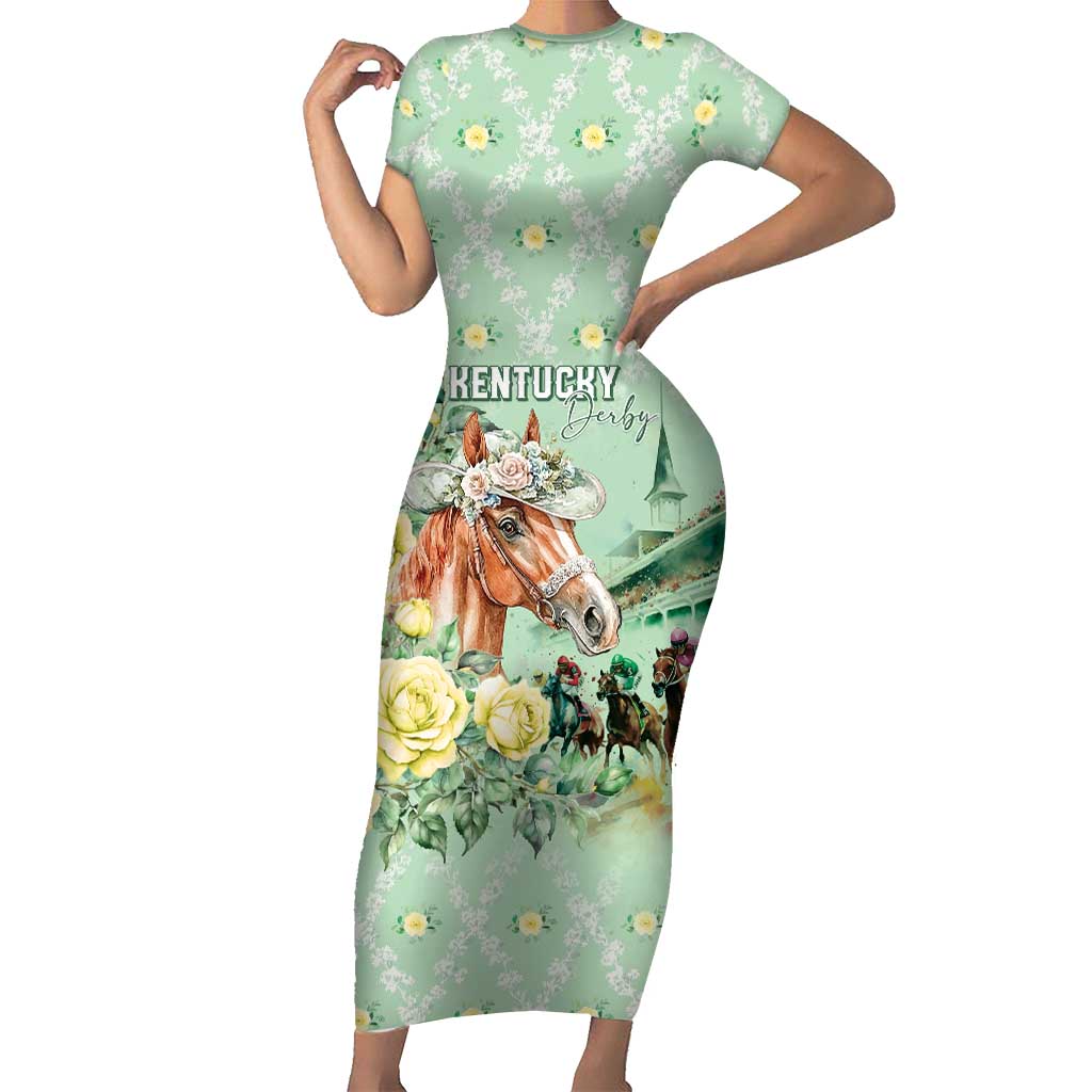 Personalized Kentucky Horse Racing Short Sleeve Bodycon Dress Rose Diamond Pattern Mint