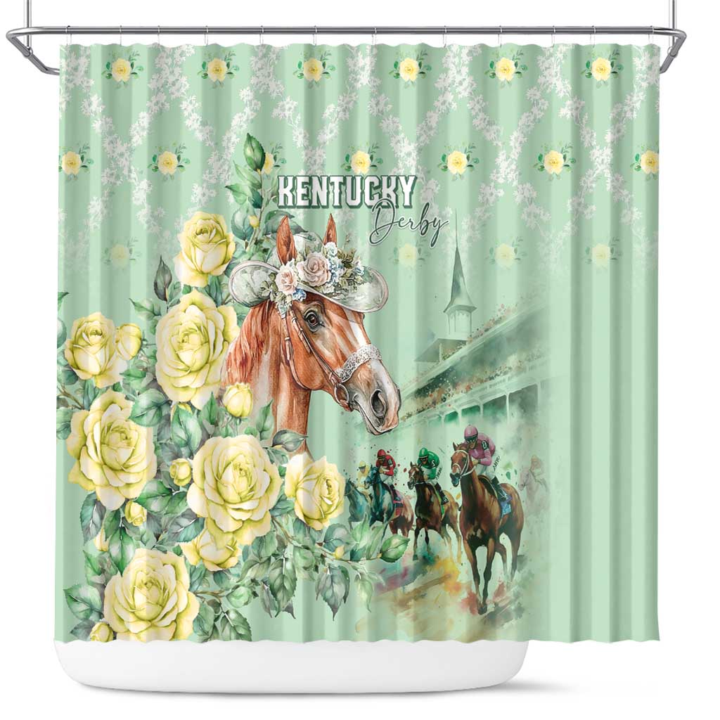 Kentucky Horse Racing Shower Curtain Rose Diamond Pattern Mint