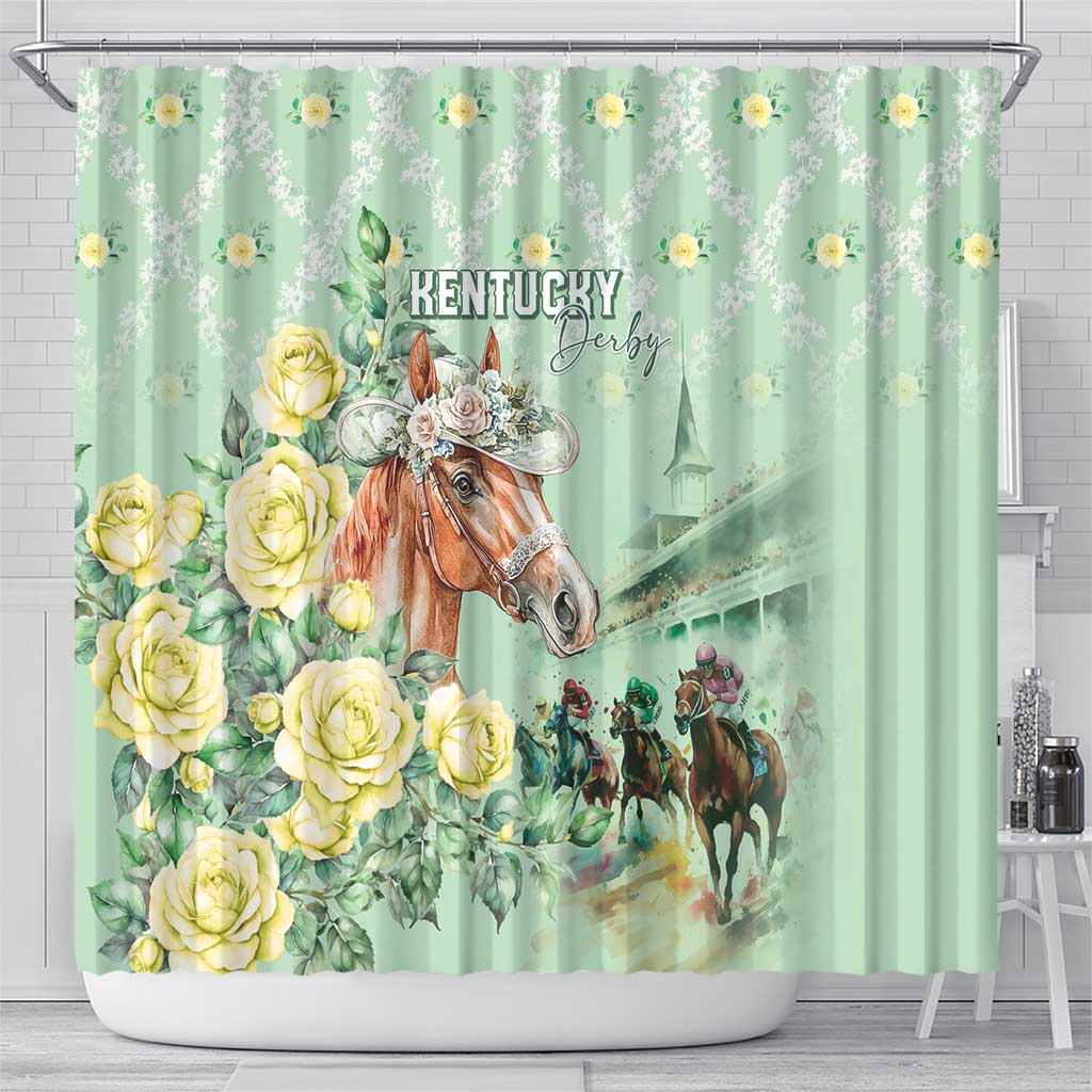 Kentucky Horse Racing Shower Curtain Rose Diamond Pattern Mint