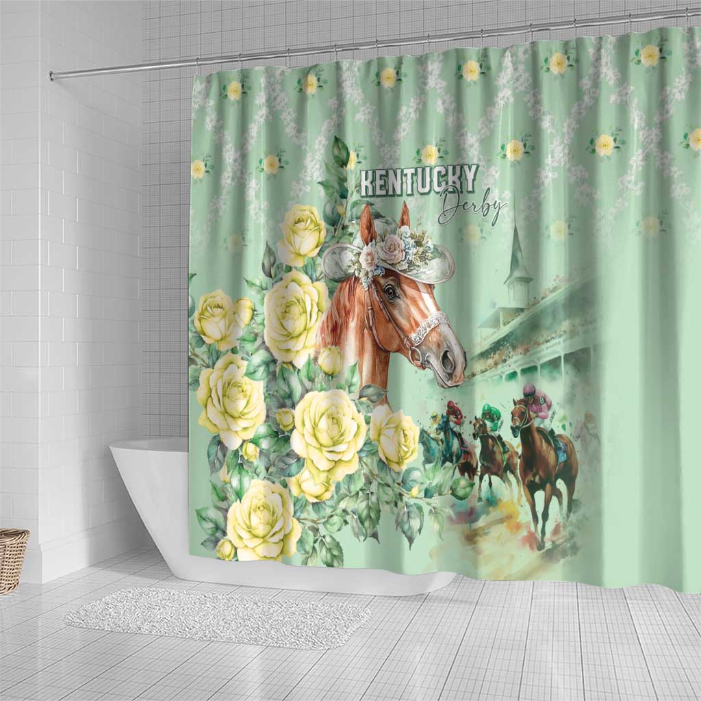 Kentucky Horse Racing Shower Curtain Rose Diamond Pattern Mint