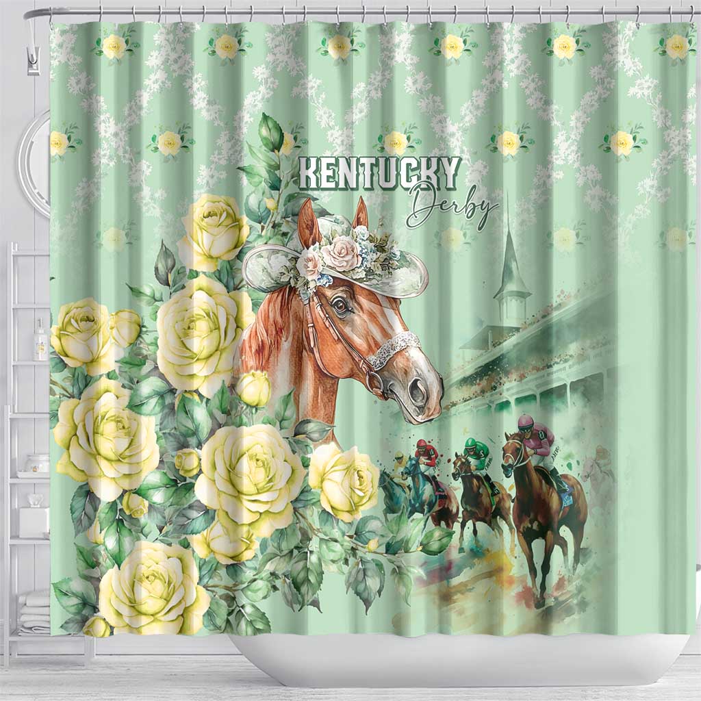 Kentucky Horse Racing Shower Curtain Rose Diamond Pattern Mint