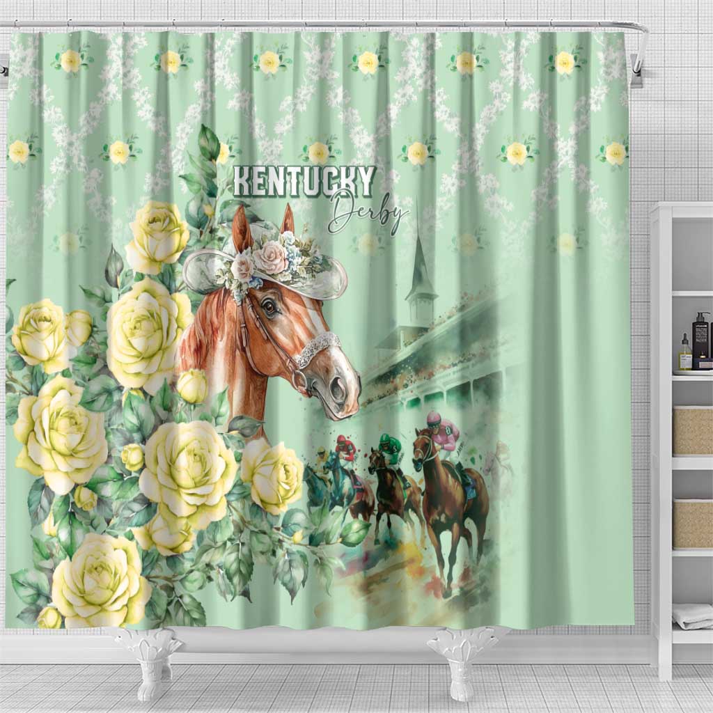 Kentucky Horse Racing Shower Curtain Rose Diamond Pattern Mint