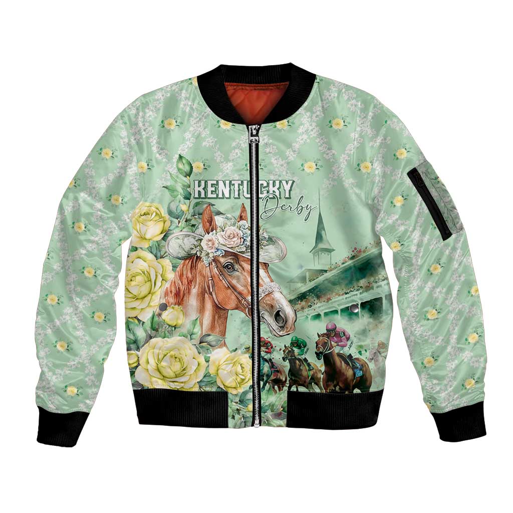 Personalized Kentucky Horse Racing Sleeve Zip Bomber Jacket Rose Diamond Pattern Mint